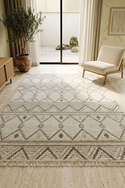 LEİVA HOME Monaco 0038 Krem Gri Bohem Sisal Bukle Yumuşak Özel Kesim Salon Ko...