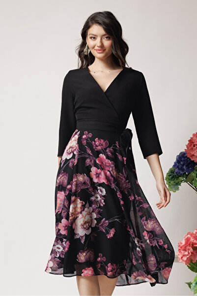 DyFashion Rochie DY Fashion office din stofa si voal neagra cu imprimeu pe fusta