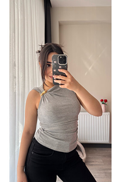 Siner Fashion Women's Gold Buckle Detail Asymmetrical Collar Cotton Piece Gra...