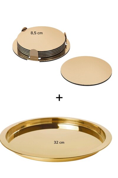 IKEA Glattis Round Tray, Brass Color, 38 cm and 8.5 cm Coasters (6 Pieces)