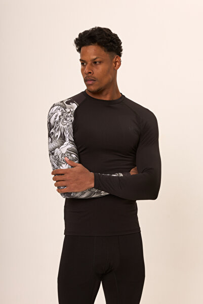 HNC Sport Dragon Erkek Uzun Kol Tek Kol Dijital Baskılı Compression Fitness Gym Spor Body Tshirt