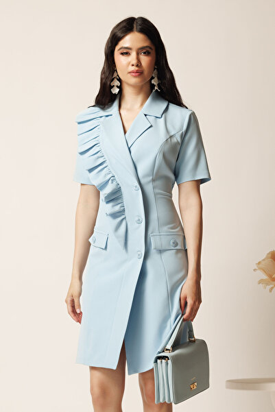 DyFashion Short blue dress made of jacket-type fabric with fitted cut and ruf...