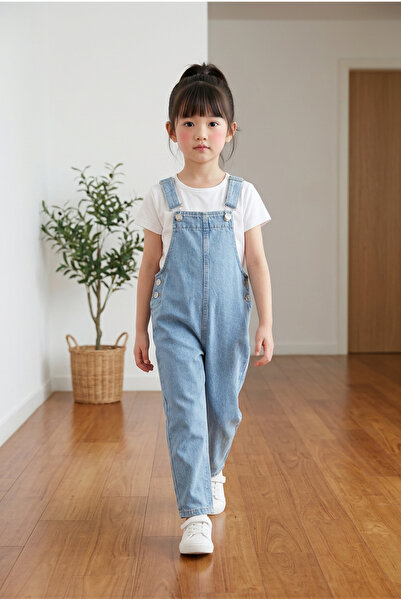 MİNİK DÜŞLER Kız Çocuk Mavi Denim Salopet Tulum