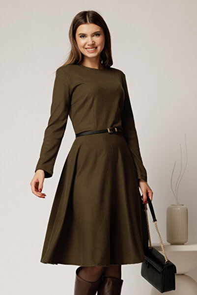 DyFashion DY Fashion khaki knit dress with thin Belt and pleated skirt