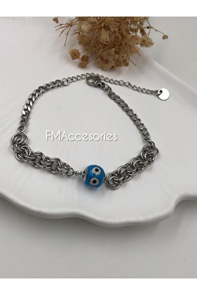 fmaccesories Steel Women's Evil Eye Beaded Silver Color Steel Bracelet 16+6 c...
