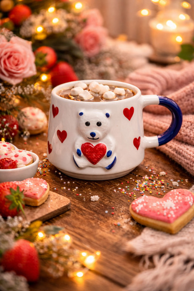 Casa Plus Special Hand-Embroidered Ceramic Mug with Embossed Teddy Bear Figur...