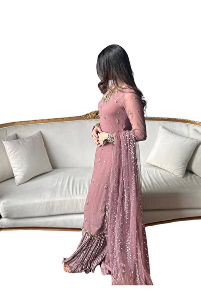 MYSMAR طقم كوكو براون من قماش جورجيت صناعي (بلوزة وبنطال وشال) - HRT5975 - كو...