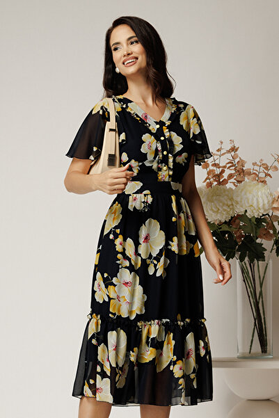 DyFashion Black midi dress made of veil with yellow floral prints in a cloche...