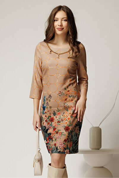 DyFashion Nadine beige dress with Printed and chain accessory