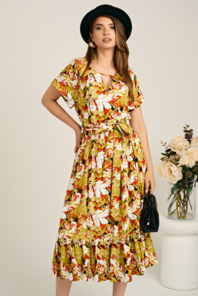 DyFashion Rochie midi verde lime din viscoza in clos cu imprimeu maro si cord...