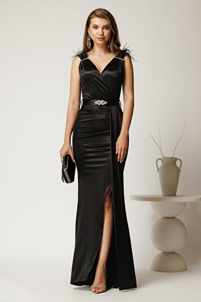 DyFashion Long black taffeta dress with rhinestones and feathers on the shoul...