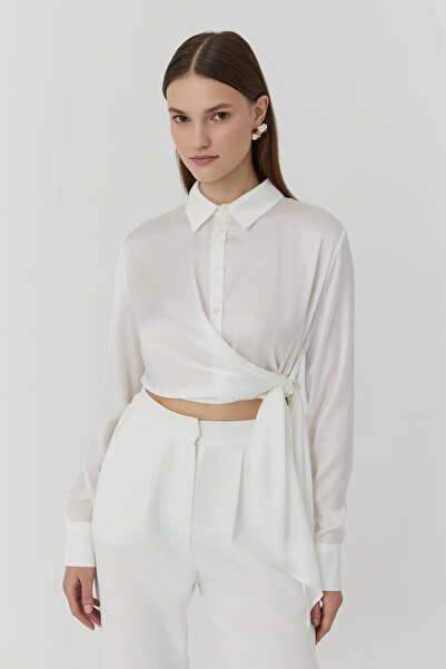 gülis Double Breasted Satin Shirt with Binding Detail