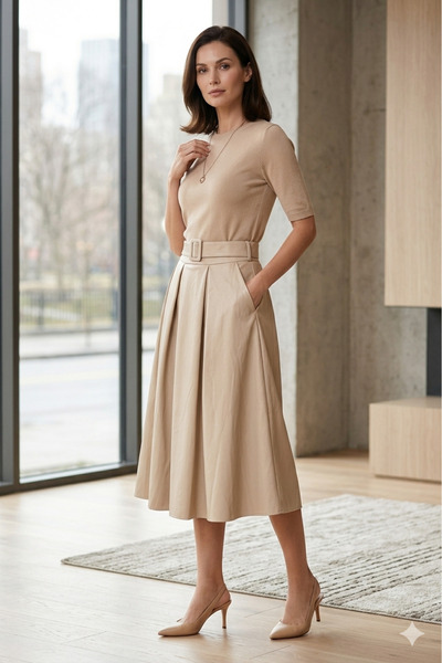 OEM Cream midi skirt made of eco- Leather – plus size, Elastic Waist and Belt...