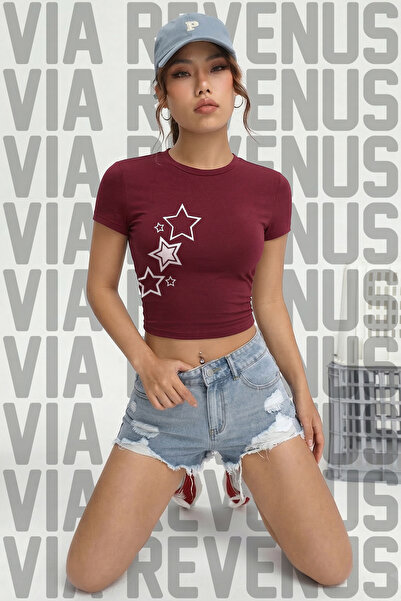 Vordevia Yıldız cu imprimeu bumbac 100% material elastic Dar Mold Short Sleev...