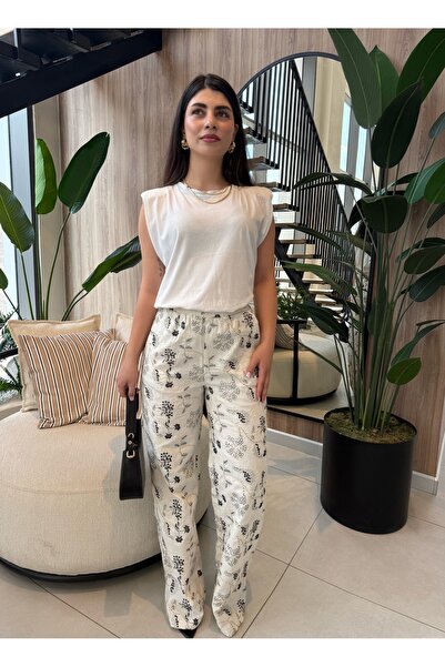 SILA DEMİR BOUTIQUE Beyaz Siyah Çiçek Nakışlı Bol Paça Pantolon