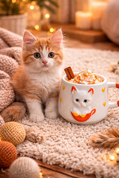 Casa Plus Kabartma Kedi Figürlü Özel El İşi Sermaik Kupa 200ml