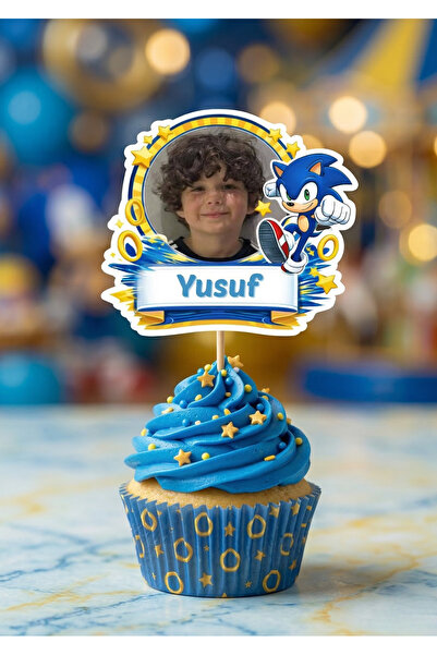 Hayali Çizgili Kişiye Özel Hızlı Mavi Kirpi Temalı 6 Adet Cupcake Süsü 8 cm |...