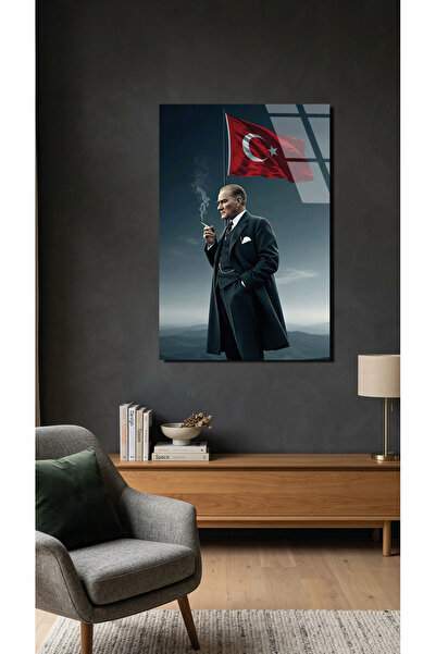 Vitraum Atatürk ve Türk Bayrağı Cam Tablo UV Baskılı 4mm Kırılmaz, Ev Ofis De...