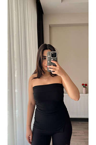 Siner Fashion Women's Black Ruched Detail Slit Strapless Cotton Blouse