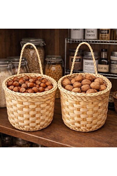 Marrone Φυσικό ψάθινο διπλό καλάθι για οργάνωση τροφίμων και ειδών, τύπου Fın...