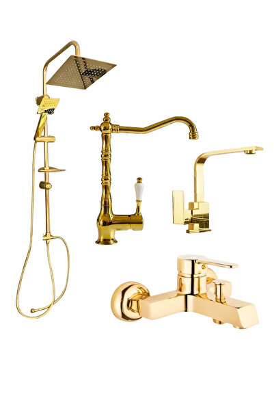Empressco GOLD ROBOT GOLT RUSTİK EVİYE BATARYASI-KARE LAVABO BATARYASI 4’LÜ A...