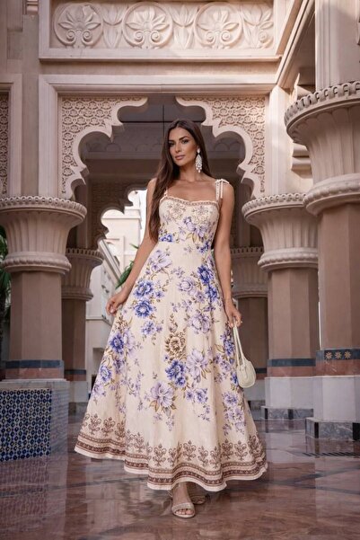 S&A Collectionn Women's Straps Floral Tie-Detail Lined Linen Look Floral Maxi...