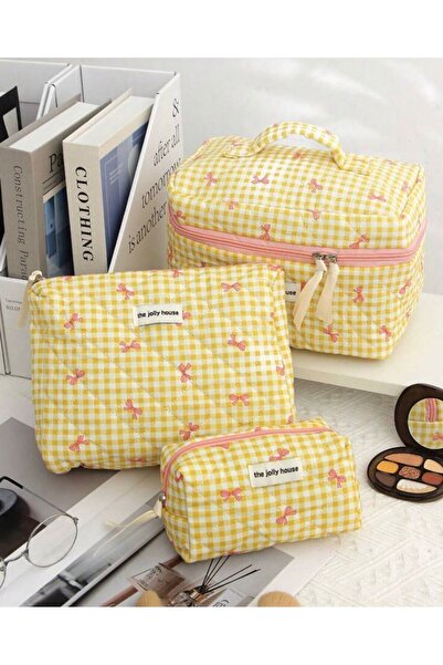 Burroe Atalier Yellow Plaid Ribbon Makeup Set Bag Pieces