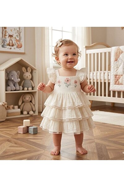 Luna Kids Store Baby Girl 100% Cotton Muslin Floral Embroidered Dress White