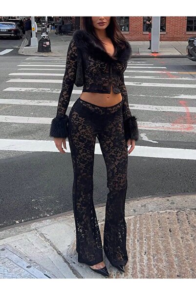 Novapia Kadın Dantel Crop Ceket ve İspanyol Paça Pantolon 2’li Takım Transpar...
