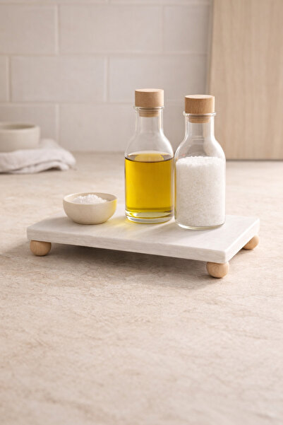 Marbello White Marble Oil Pot Base with Wooden Legs 15X30 cm Organizer Tray