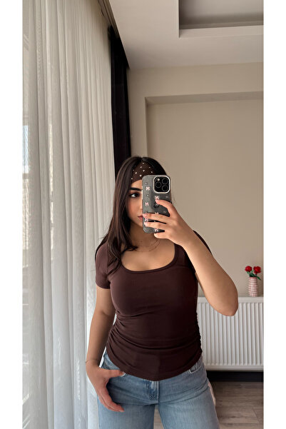 Siner Fashion Women's Brown U-Neck Cotton Soft Basic Blouse