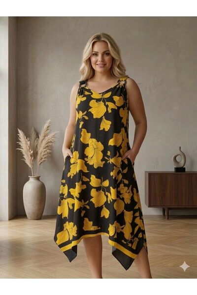 Vinola Plus Size Woven Viscose Yandan C Pocketed Relaxed Fit High Quality Dress