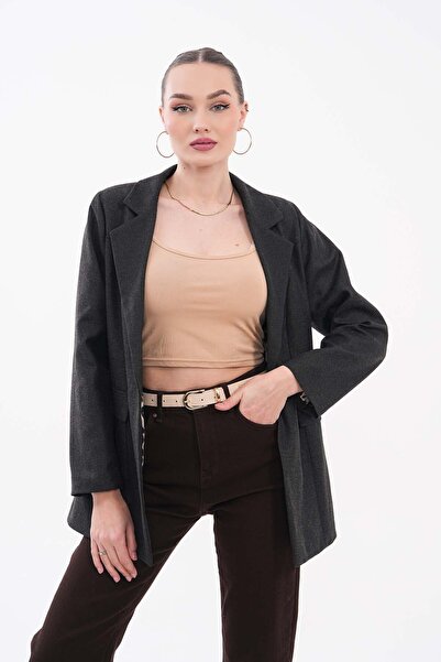 Niora Moda Antrasit Tek Düğmeli İç Astarı Leoparlı Tuvit Ceket