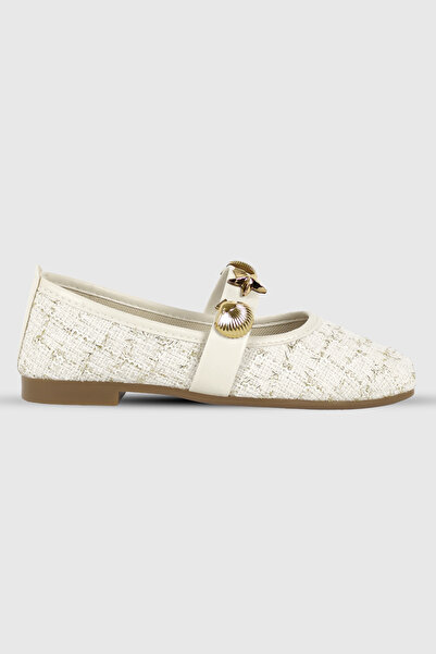 Beshora Mila Beige Tweed Fabric Accessory Detail Oval Toe Women's Ballet Flats