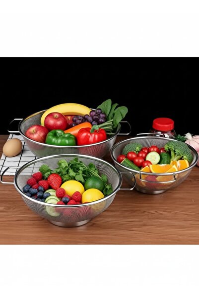 VANCKEY Paslanmaz Çelik Kulplu Tel Çok Amaçlı Makarna Un Meyve Sebze 3'lü Süz...