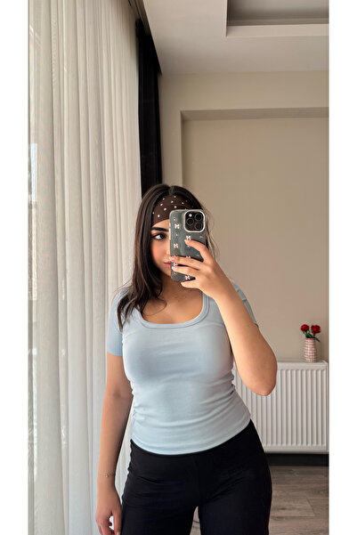 Siner Fashion Women's Baby Blue U-Neck Soft Basic Blouse, Pack of Cotton