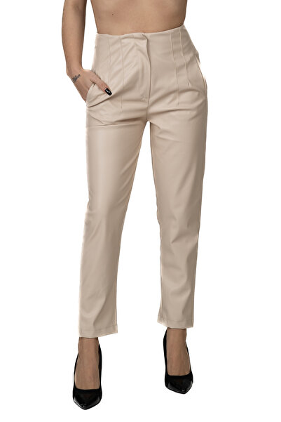 OEM Gianna Cream Faux Leather Pants With Pleated At The Waist