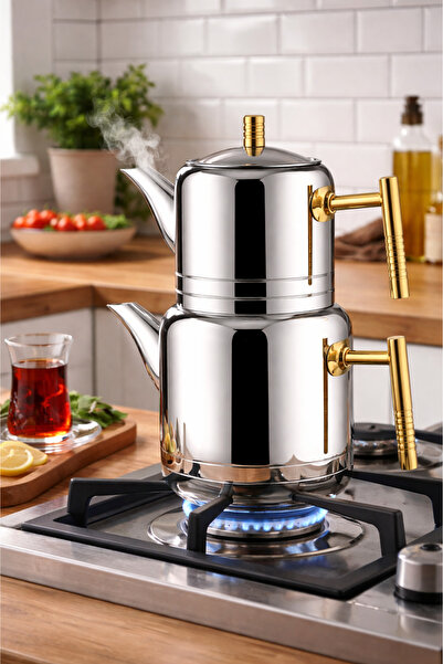 Lines Nil Aile Boy Paslanmaz Çelik Çaydanlık — Büyük Boy Çaydanlık Takımı, 18...