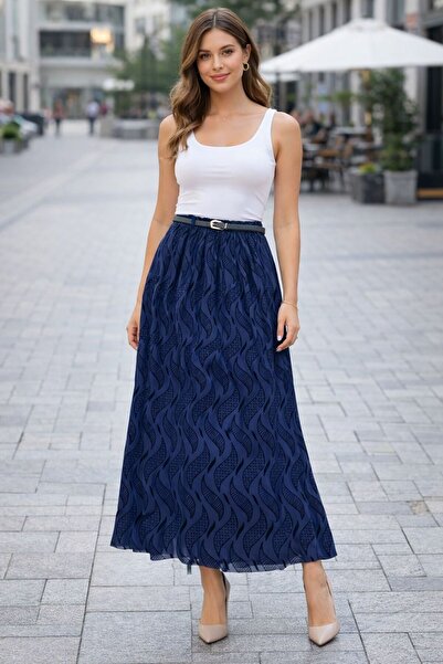 Livaa Flok Baskılı Beli Lastikli Astarlı Etek