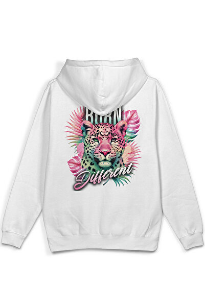 Overoz سترة Born Different Leopar Back مطبوع بغطاء رأس نصف أوفر سايز هوديي بي...