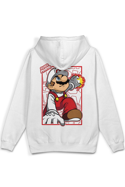 Overoz Super Sırt Printed Hooded Yarı Oversized Sweatshirt White Hoodie 1141