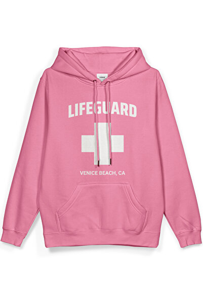 Overoz Lifeguard Printed Hooded Half Oversized Sweatshirt Pink Hoodie 1410