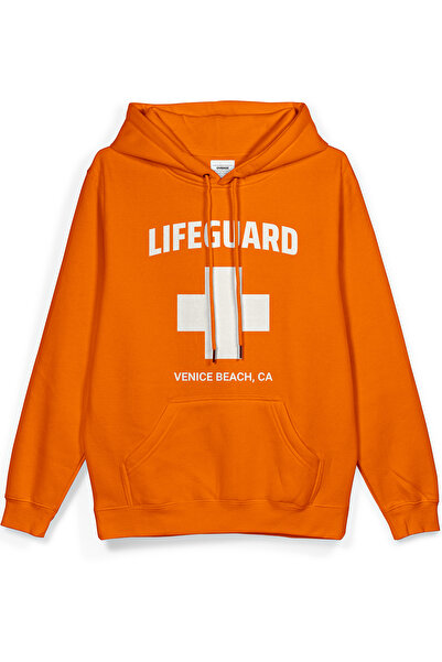 Overoz Lifeguard Printed Hooded Half Oversized Sweatshirt Orange Hoodie 1410