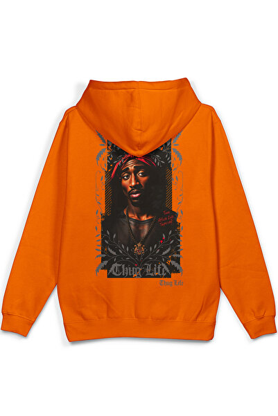 Overoz Tupac 2Pac Back Printed Hooded Half Oversized Sweatshirt Orange Hoodie...