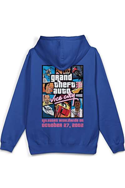 Overoz Gta Vice City Sırt Printed Hooded Yarı Oversized Sweatshirt Blue Hoodi...