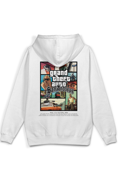 Overoz San Andreas Sırt Printed Hooded Yarı Oversized Sweatshirt White Hoodie...