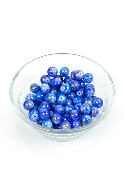 yfhobi 25 Gram- 8 mm Mavi Renk Yaldız Damarlı Model Yuvarlak Cam Boncuk, 1. K...
