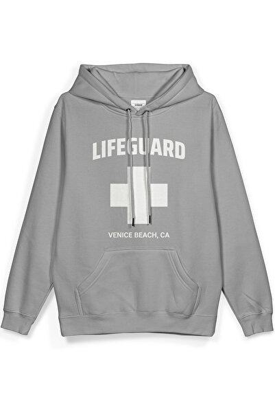 Overoz Lifeguard Printed Hooded Half Oversized Sweatshirt Gray Hoodie 1410