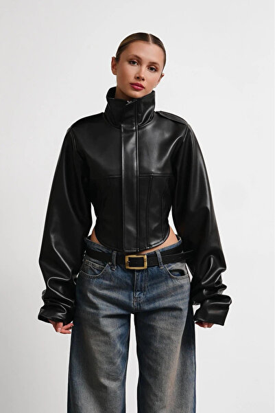 NET OF NOT Yeni Sezon Crop Dik Yaka Kadın Deri Ceket