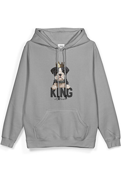 Overoz King Köpek Printed Hooded Half Oversized Sweatshirt Gray Hoodie 1033